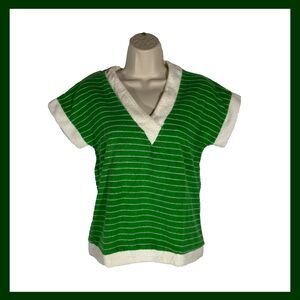Vintage 70s 80s Green White Striped Terry Cloth Top White Trim Retro Sporty